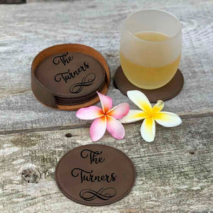 personalized faux leather drink coaster set | the maiettas