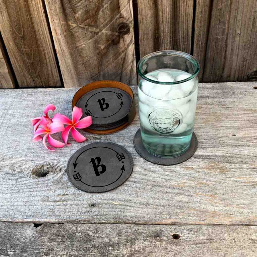 personalized faux leather drink coaster set | going my way