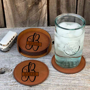 personalized faux leather drink coaster set | curli-q initial