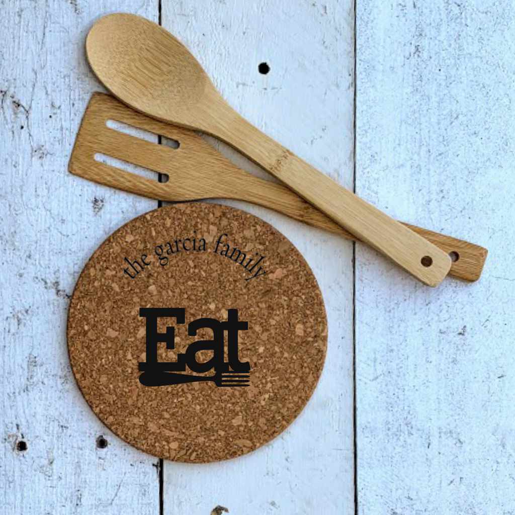 personalized round cork hot pad trivet | eat