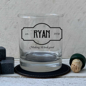 personalized laser engraved whiskey glass | birthday gift, 21st, 30th, 40th 50th, 60th