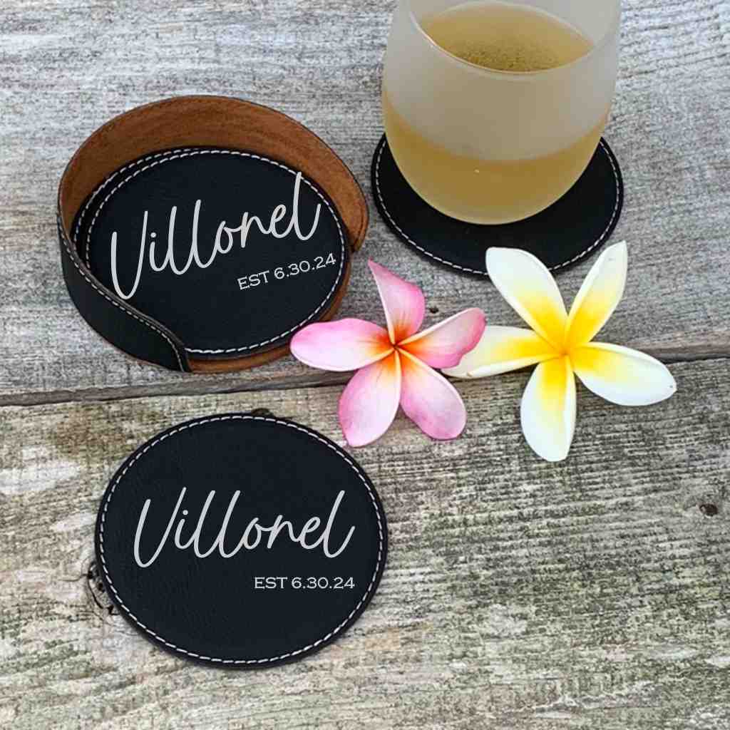 personalized faux leather drink coaster set | design options
