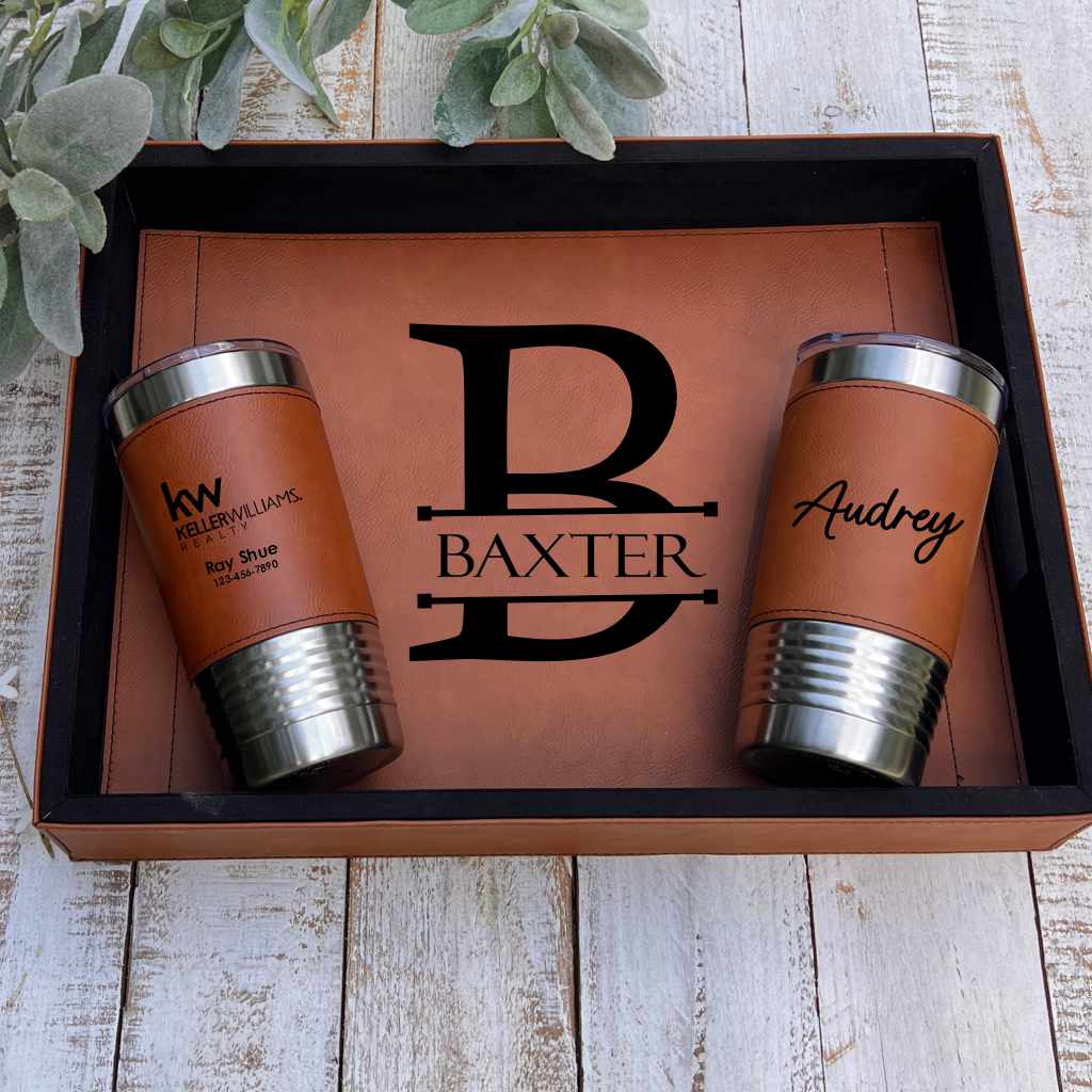 realtor closing basket | faux leather tray & tumblers