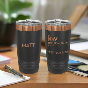 Two black tumblers with copper accents and text, including 'Keller Williams Realty' and 'Best Team Ever'.