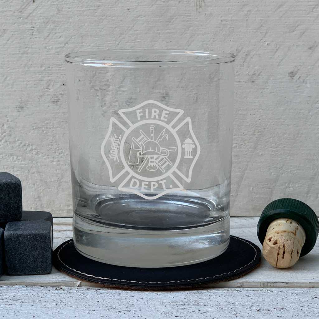 personalized whiskey glasses | fire station logo