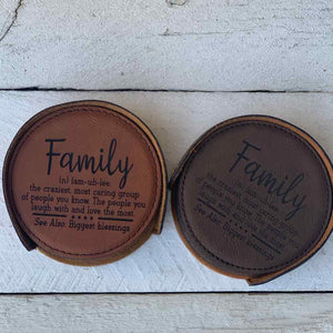 faux leather drink coaster set | family definition