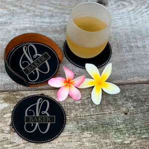 personalized faux leather drink coaster set | curli-q initial
