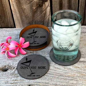 personalized faux leather drink coaster set | olive you more