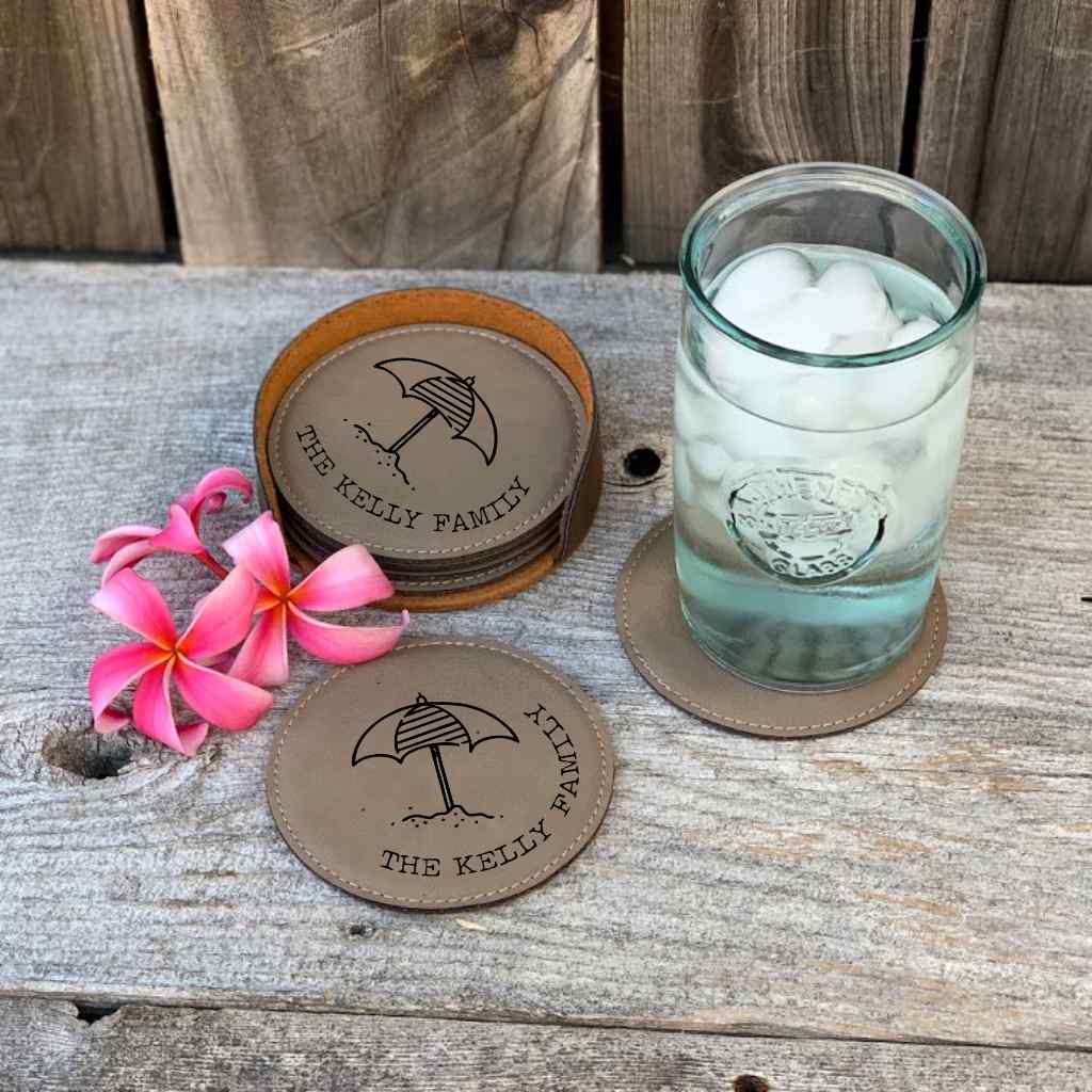 personalized faux leather drink coaster set | beachin'