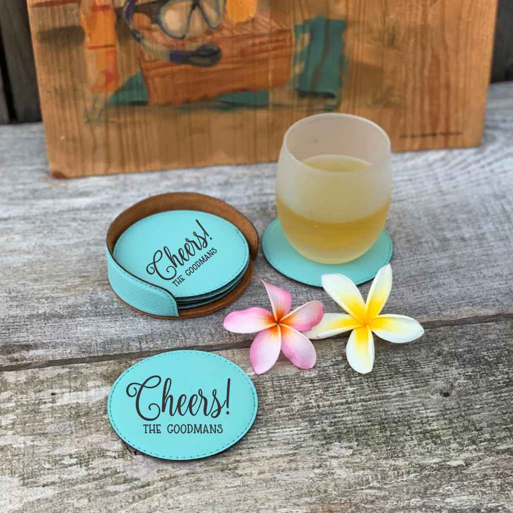 personalized faux leather drink coaster set | cheers