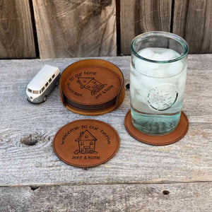 personalized faux leather drink coaster set | welcome
