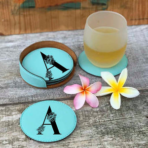 personalized faux leather drink coaster set | floral initial
