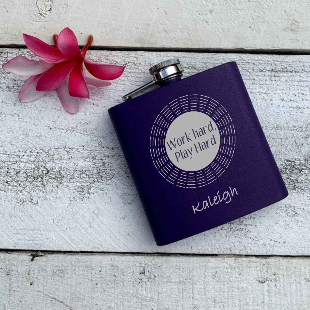 personalized 6 oz. powder coated stainless steel flask | work hard, play hard