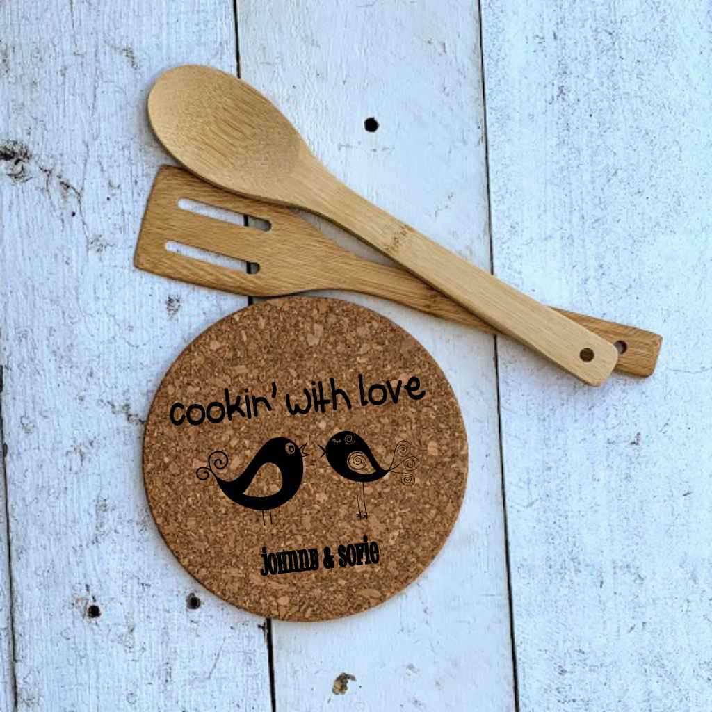 personalized round cork hot pad trivet | cookin' with love