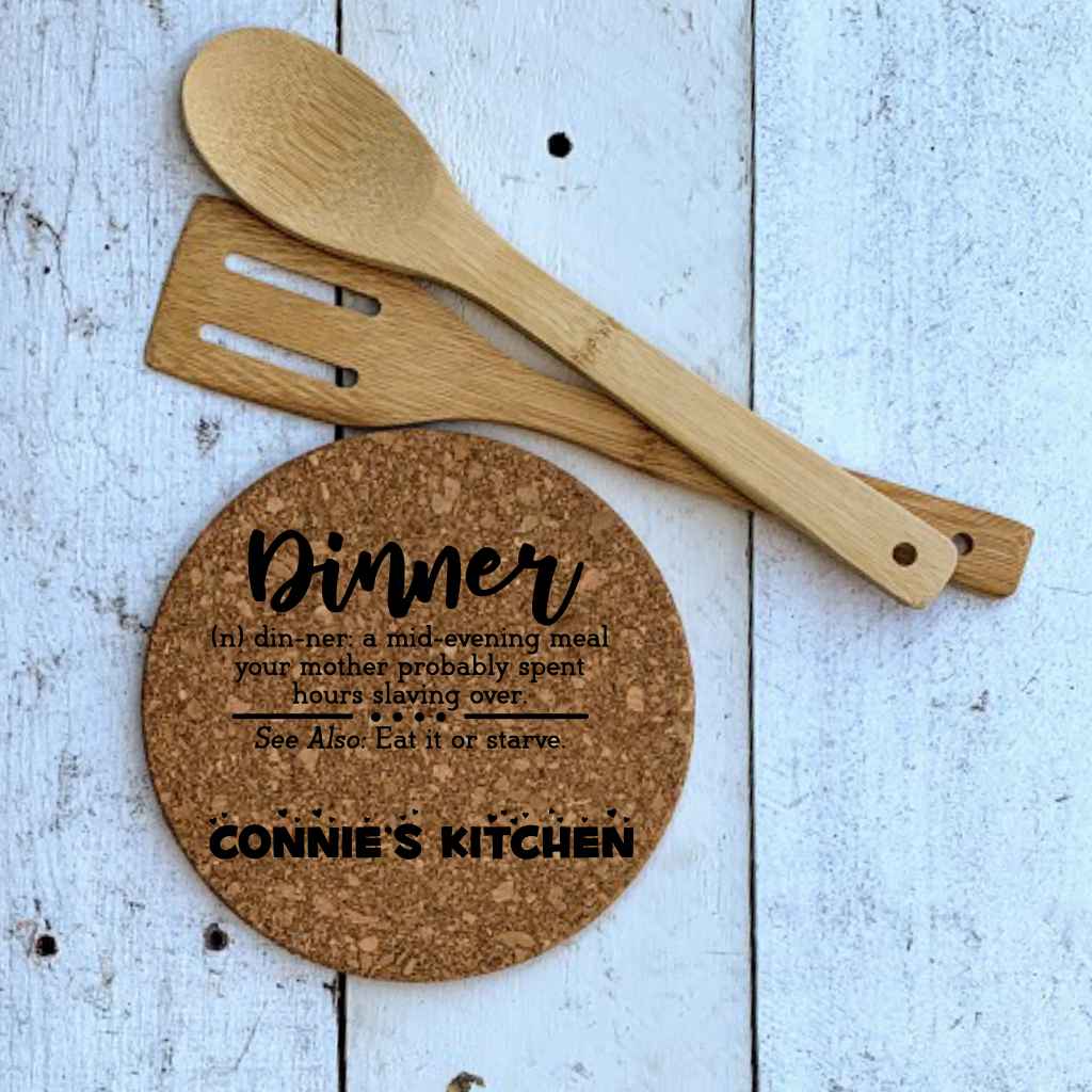 personalized round cork hot pad trivet | dinner definition