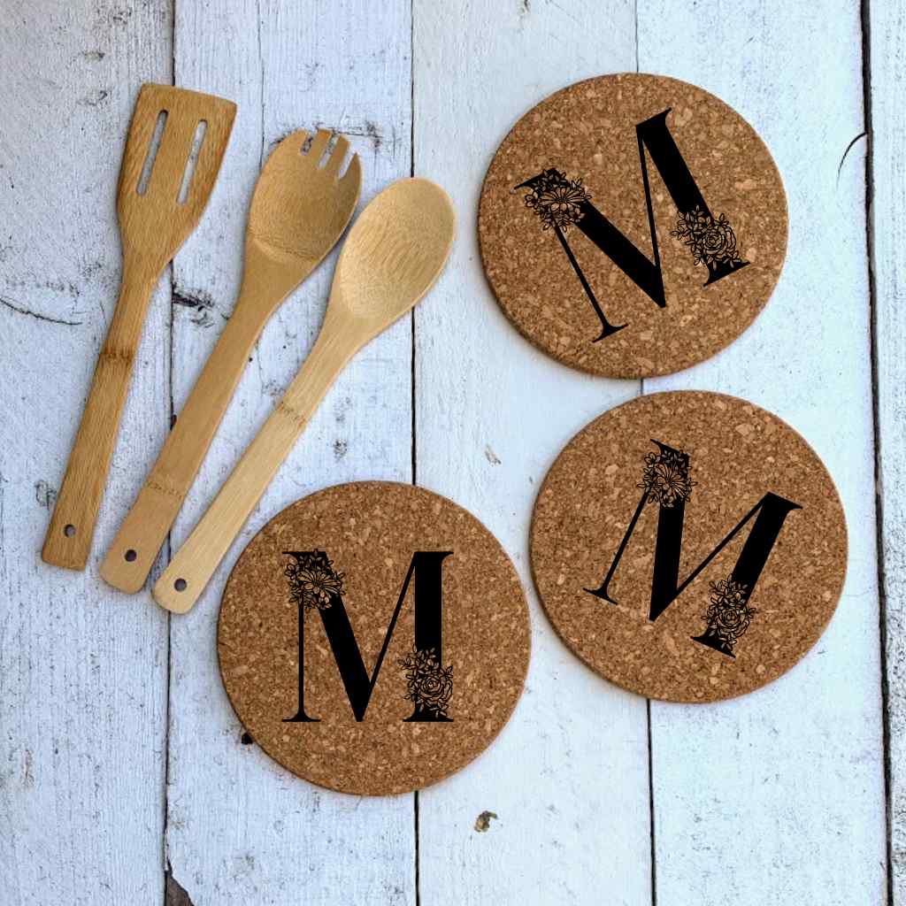 personalized round cork hot pad trivet | floral initial