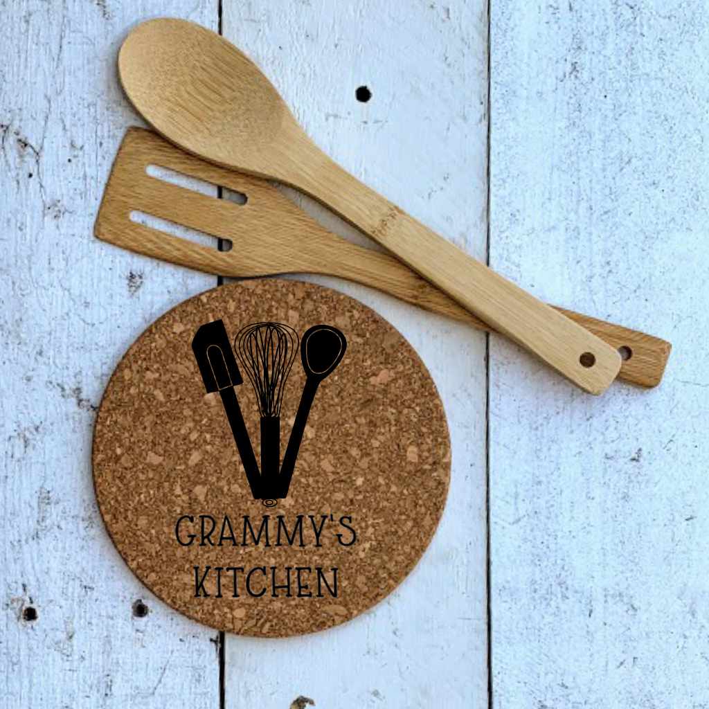 personalized round cork hot pad trivet | grammy's kitchen
