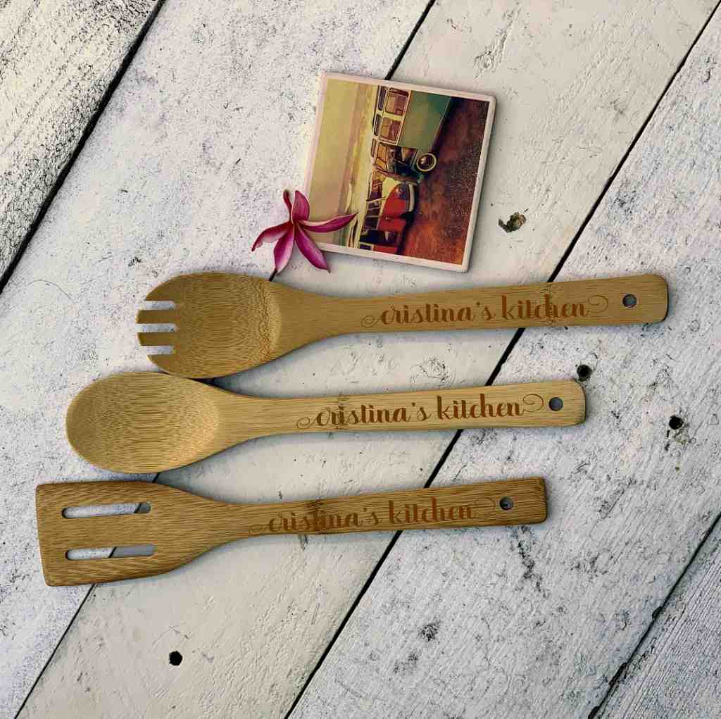 personalized 3 piece bamboo wooden utensil set | it's my kitchen
